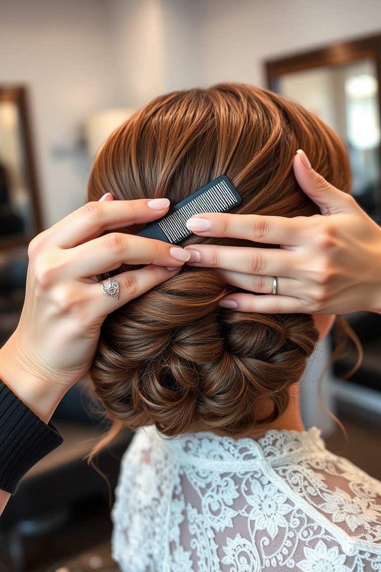 A stylist preparing a romantic bridal hair style with soft waves