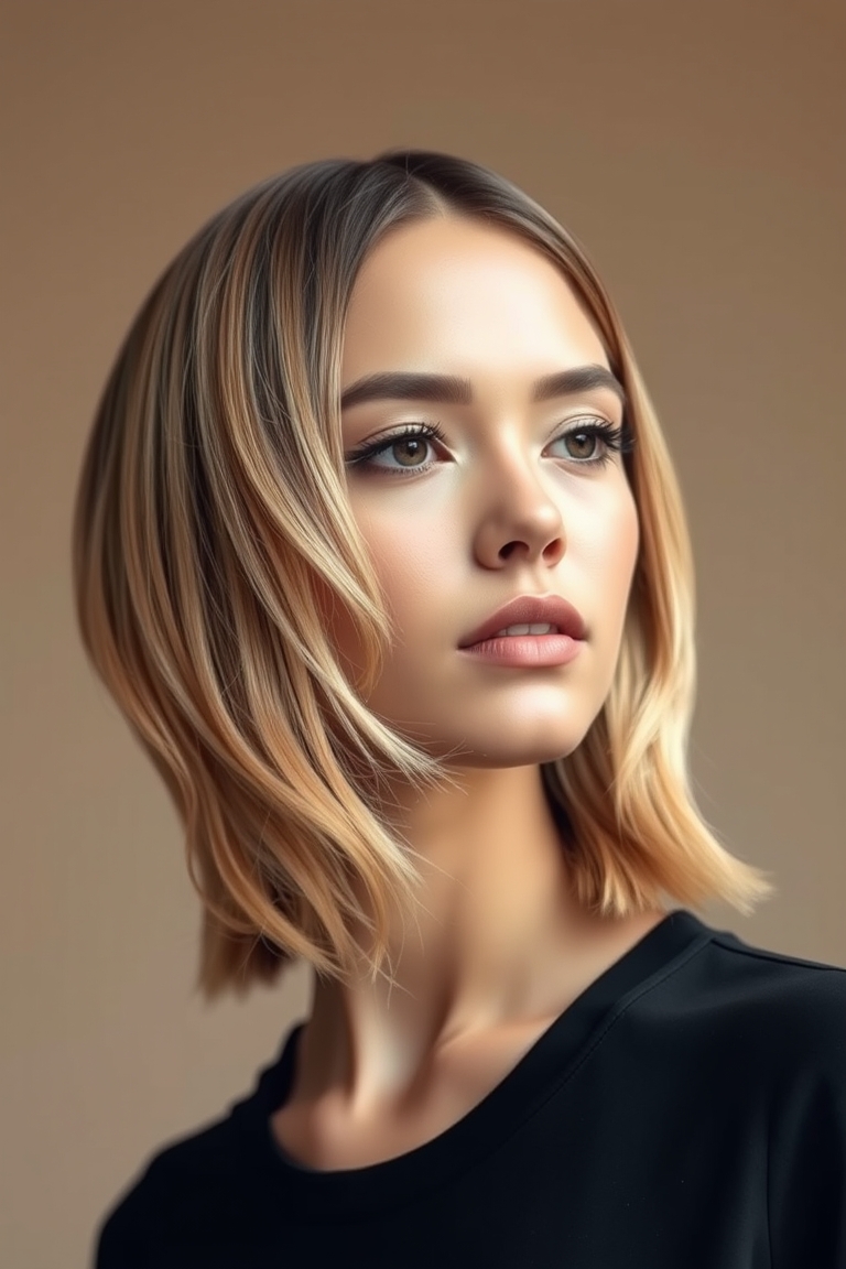 A professional studio shot showcasing trendy hairstyles for round faces with soft layers and strategic volume placement.