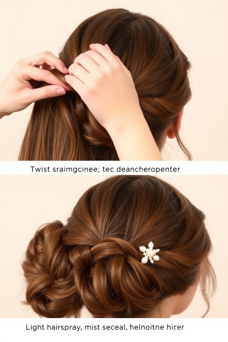 Party updo created by twisting a low braid into a chic chignon with pearl pin